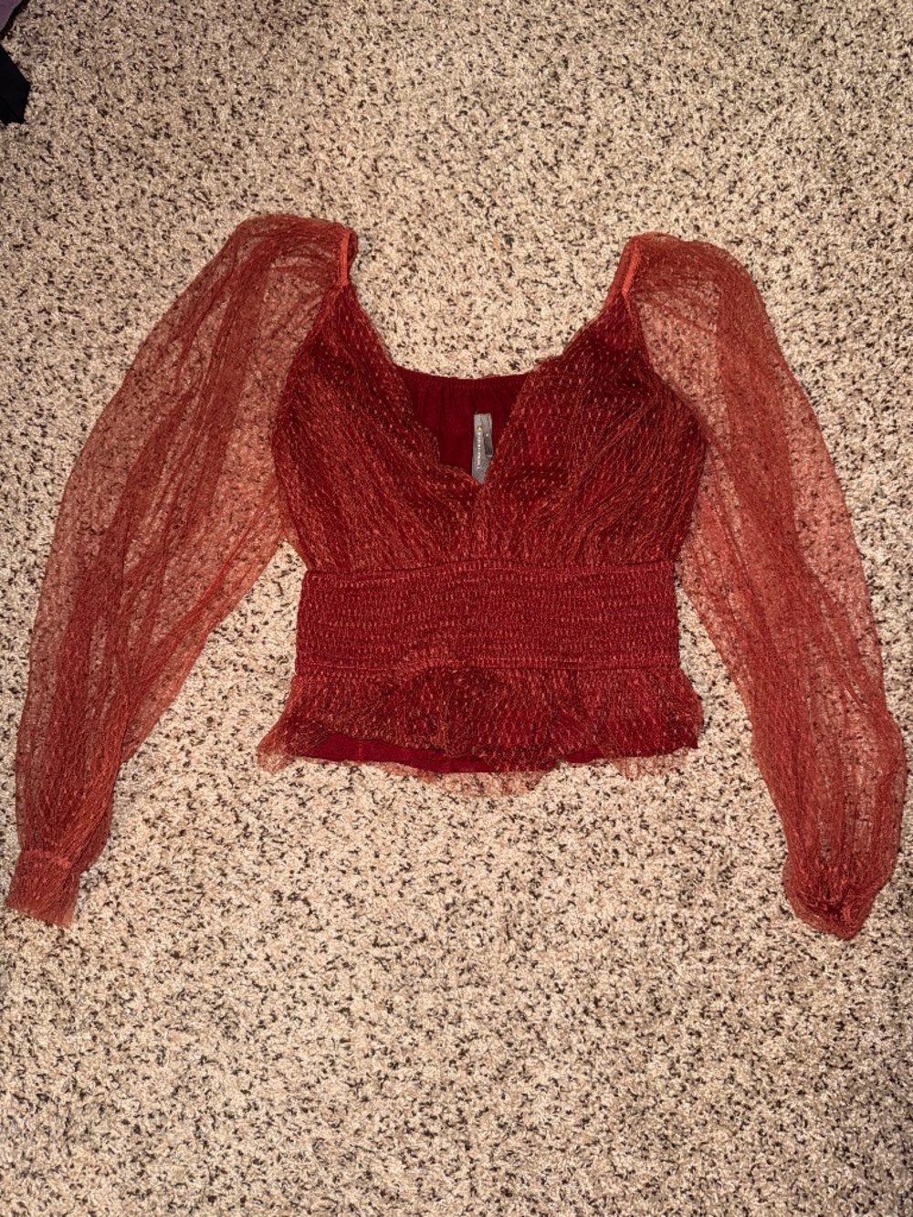 Anthropologie Red Lace Long Sleeve Smocked Crop Top Small